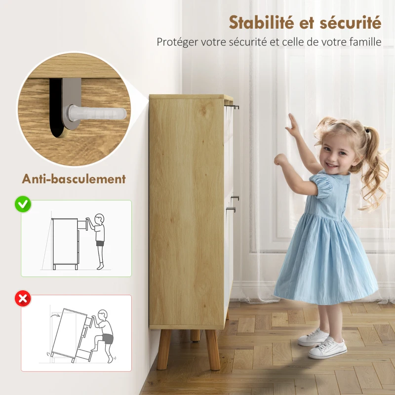 HOMCOM Meuble à chaussures, armoire à chaussures étroite, 4 tiroirs rabattables, porte haute brillante, 105x24x92,5cm, blanc