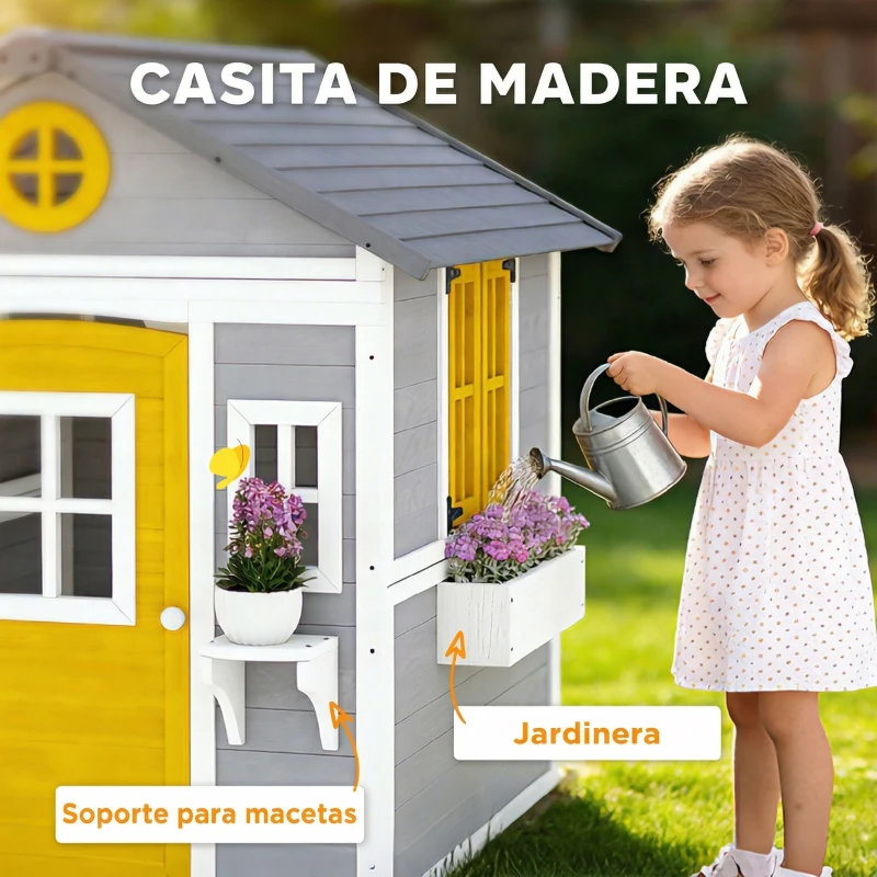 Outsunny Casita Infantil Exterior e Interior de Madera con Puerta Ventanas Jardineras y Soportes de Flores Gris