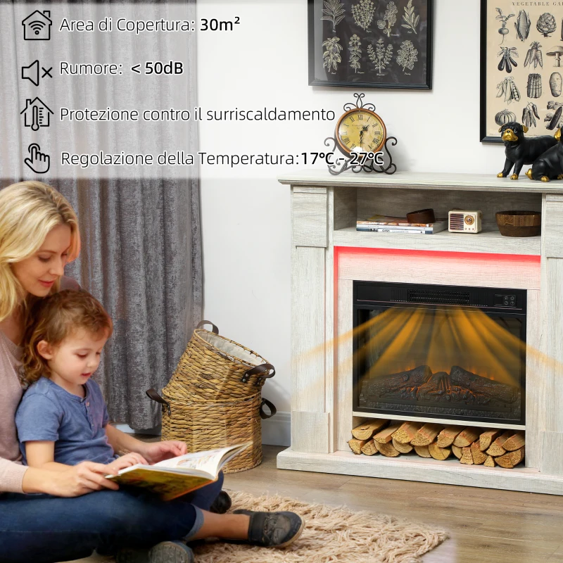 HOMCOM Camino Elettrico 1800W Regolabile con Fiamma 3D, Ripiano, Timer e Telecomando, 105x27x97 cm, color Legno