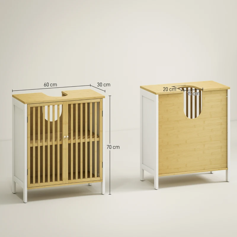HOMCOM Meuble sous vasque 2 portes avec étagère réglable armoire de rangement pour lavabo 60 x 30 x 70 cm MDF et bambou