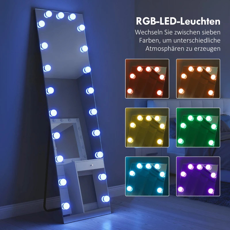 HOMCOM Ganzkörperspiegel 150x40 cm RGB-LED Standspiegel mit 21 Glühbirnen 7 Lichtfarbe Touch-Schalter Memory-Funktion