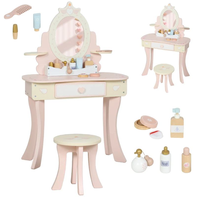 AIYAPLAY Coiffeuse enfant fille table de maquillage 2 en 1 avec 7 accessoires de jeu miroir en acrylique 59,8x29,6x89,8cm rose
