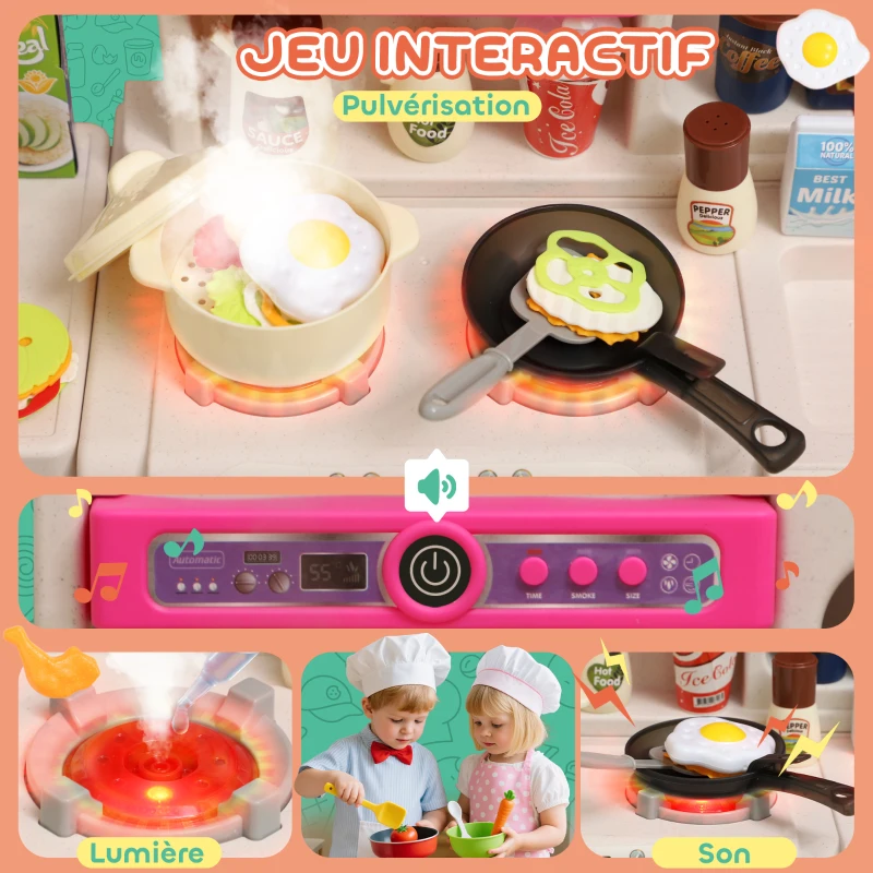AIYAPLAY Cuisine enfant jouet d'imitation, dinette pour enfant avec lumières et sons réalistes, 52,5 x 22 x 100 cm, rose