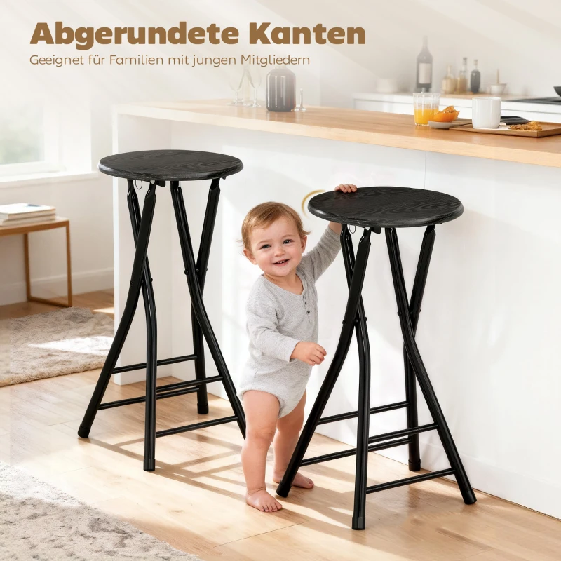 HOMCOM Barhocker 2er Set, Klappbar Barstuhl mit Stahlgestell, Küchenstühle mit doppelter Fußstütze 34 x 30 x 70 cm Schwarz