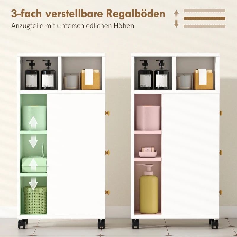 HOMCOM Badezimmerschrank Schmal, Badschrank mit 4 Rollen, 3 Schubladen, 5 offenen Fächern, 20x40x80cm, Weiß
