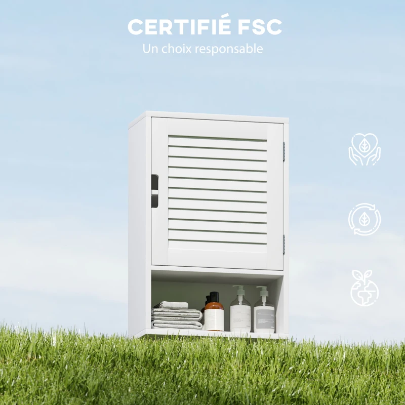 HOMCOM Armoire murale de salle de bain avec porte à lattes, étagère réglable et compartiment ouvert, 40x20x60cm, blanc