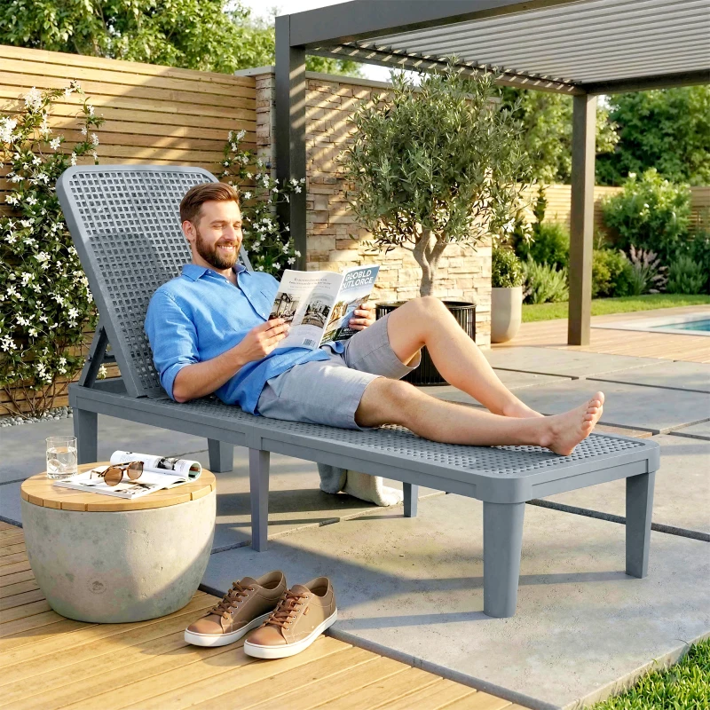 Outsunny Tumbona Reclinable de Jardín Exterior con Respaldo Ajustable en 4 Posiciones y Marco de PP 191x55x35,5 cm Gris Oscuro