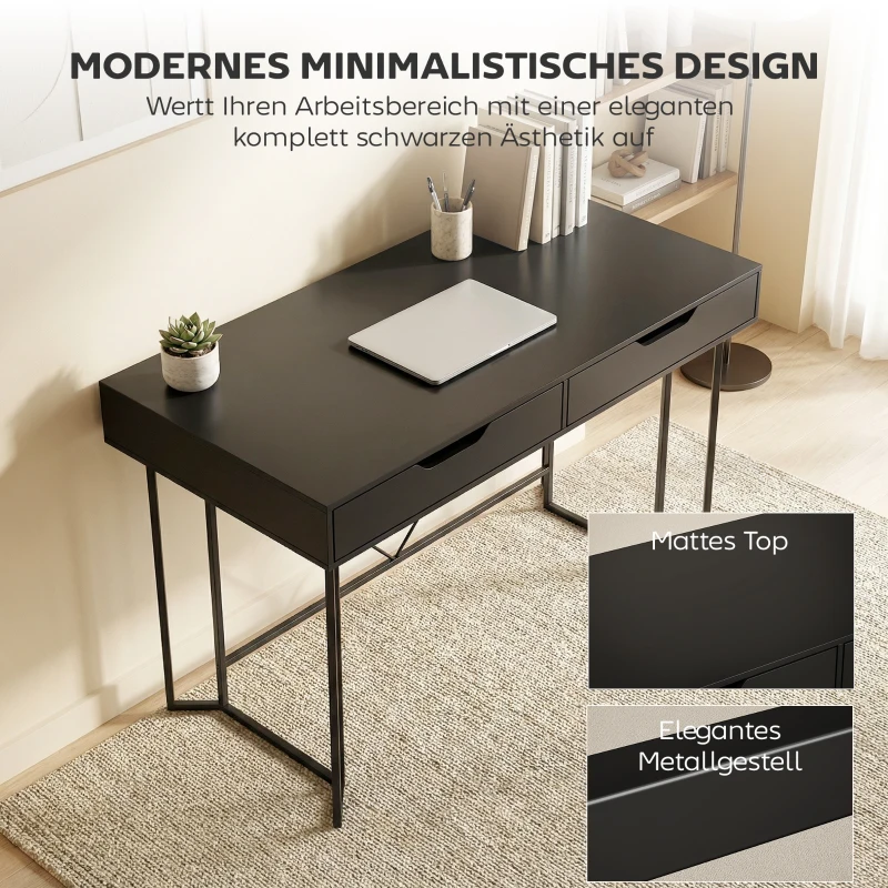 HOMCOM Kleiner Computertisch mit 2 Schubladen, Schreibtisch mit großer Arbeitsfläche 120 x 60 x 77 cm Schwarz