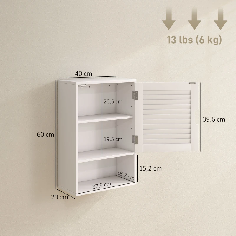 HOMCOM Armoire murale de salle de bain avec porte à lattes, étagère réglable et compartiment ouvert, 40x20x60cm, blanc