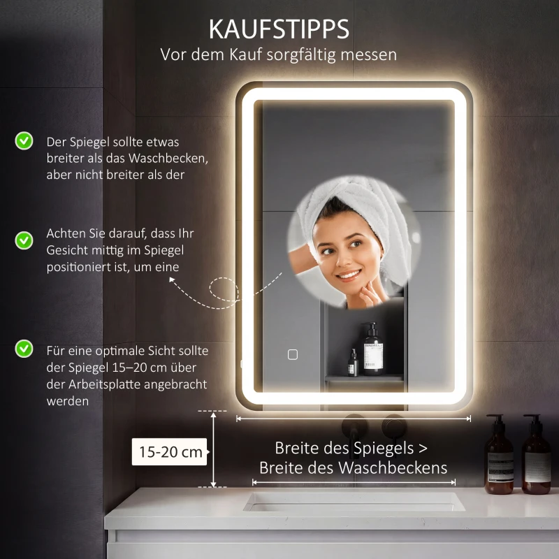 HOMCOM Badezimmerspiegel, beleuchtet, Touch-Steuerung, beschlagfrei, dimmbar, 3 Lichtfarben, 60 x 80, Silber
