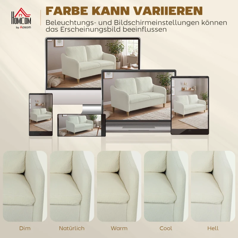 HOMCOM Sofa 2 Sitzer kleine Couch mit Sherpa-Fleece-Optik 137 cm für Wohnzimmer Cremeweiß