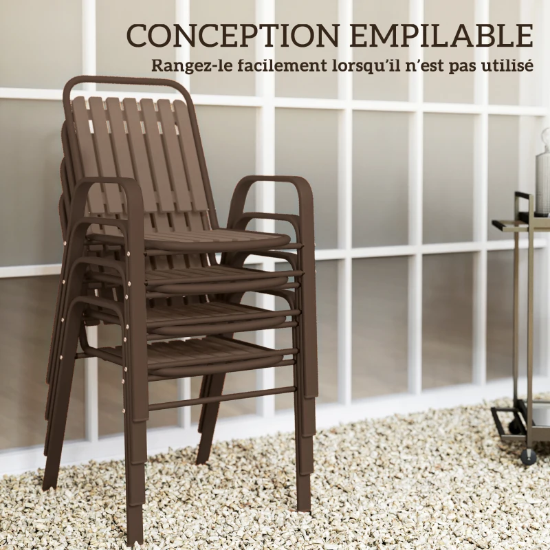 Outsunny Lot de 4 chaises de jardin chaises empilables d'extérieur haut dossier et accoudoirs cadre acier 56x66x91cm marron foncé