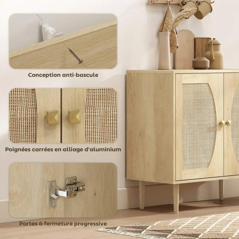 HOMCOM Buffet de cuisine meuble de rangement double portes avec 2 niveaux, façade en cannage 80 x 38 x 79 cm effet bois naturel