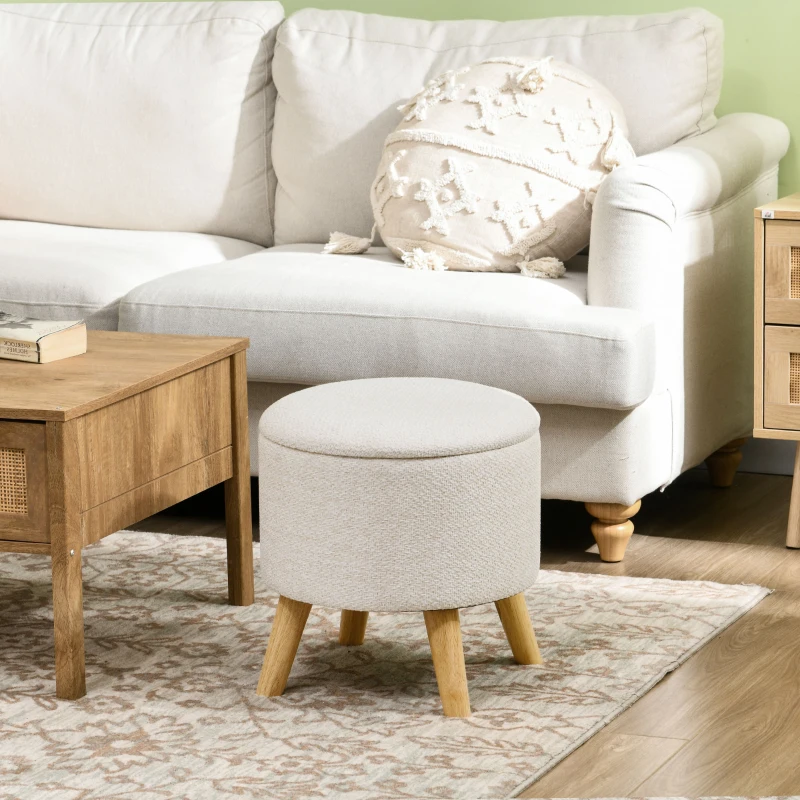 HOMCOM Pouf rond repose-pieds tabouret avec coffre de rangement pieds en bois design moderne crème
