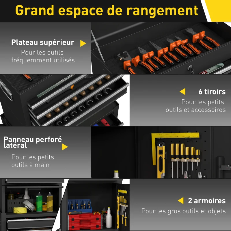 HOMCOM Servante d'atelier en acier verrouillable, chariot à outils sur roulettes 3 en 1 avec 6 tiroirs et panneau perforé, noir