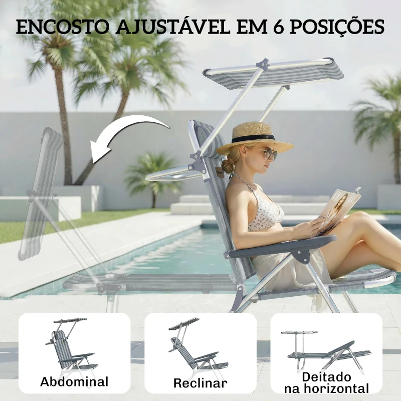 Outsunny Conjunto de 2 Cadeiras de Praia Dobráveis com Toldo Ajustável, Encosto Reclinável em 6 Posições e Apoio de Cabeça, Azul e Branco