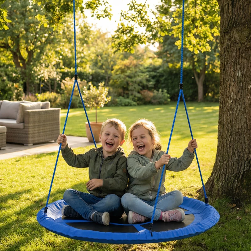 AIYAPLAY Balançoire nid d'oiseau, balançoire pour 2 enfants avec cordes réglables en hauteur, siège rond Ø 80 cm, bleu