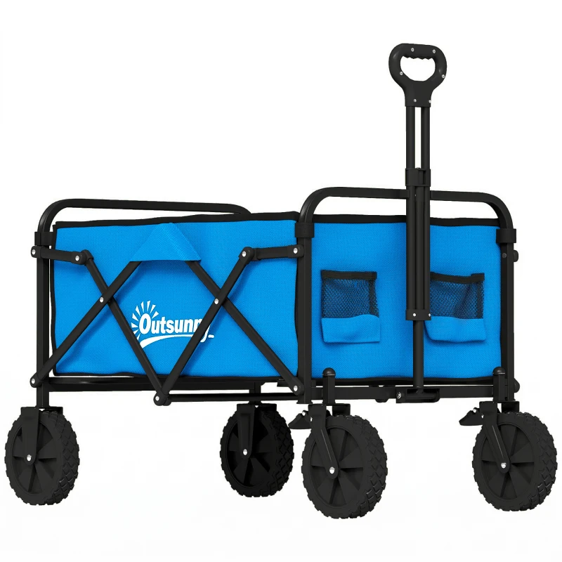 Outsunny Chariot de jardin pliable avec roues verrouillables, poignée réglable, porte-gobelet, charge 80 kg pour la campagne 85x50x99 cm bleu