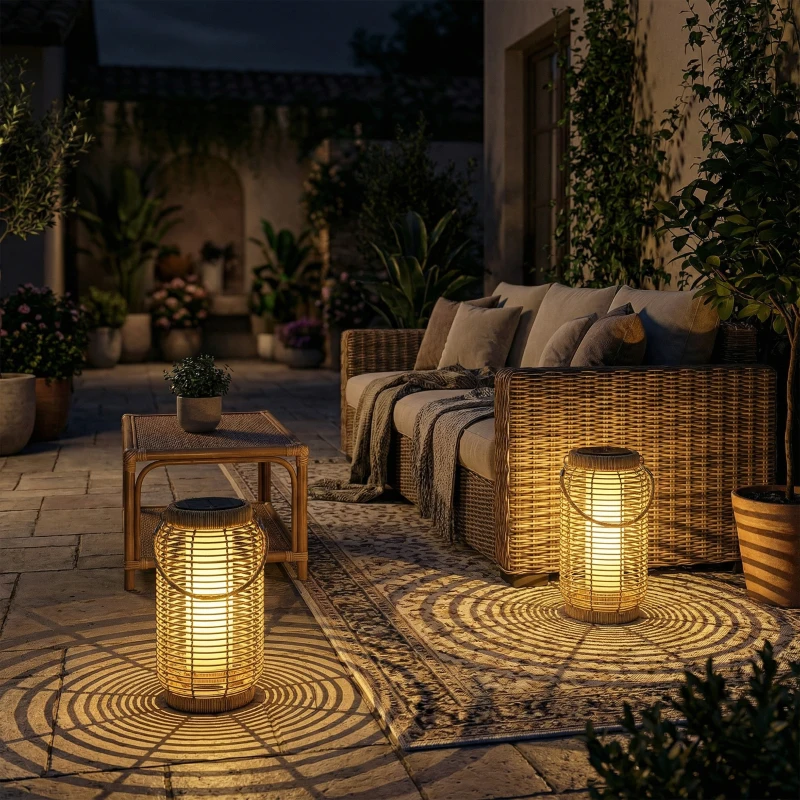 Outsunny Lot de 2 Lampadaire Extérieur Solaire en Résine Tressée Luminaire LED de Jardin en Acier Marche/Arrêt Automatique Sable