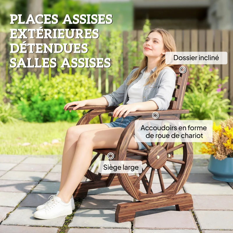 Outsunny Chaise de Jardin en Bois, Style Roue de Chariot, Siège Large à Lattes, Dossier Incliné, 66x55x90cm, Finition Carbonisée