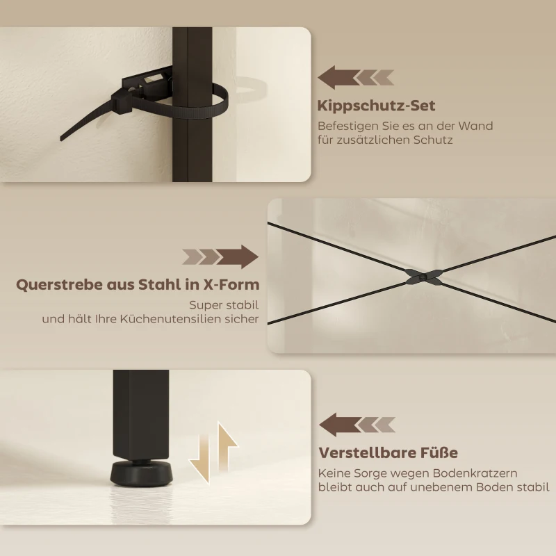 HOMCOM Küchenregal, Standregal mit 2 Steckdosen, 5 S-Haken, 5 Ablagen, Korb, X-Streben Stahl 90 x 42 x 130 cm