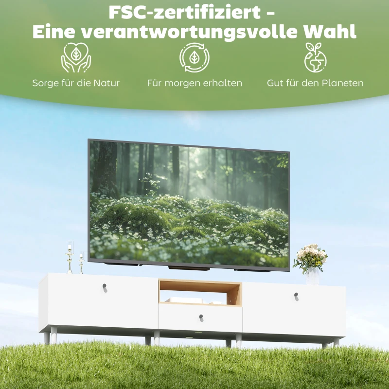HOMCOM 200 cm TV-Kommode für Fernseher bis zu 90 Zoll, 2 Klappenfächer, offenes Fach, Schublade, 8 Beine, Spanplatte, Weiß