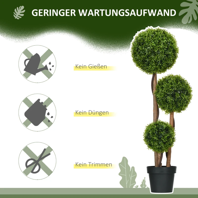 HOMCOM Künstlicher Buchsbaum groß 110cm, UV-beständige Kunstpflanze mit 3 Kugeln für Wohnzimmer Schlafzimmer Büro Garten