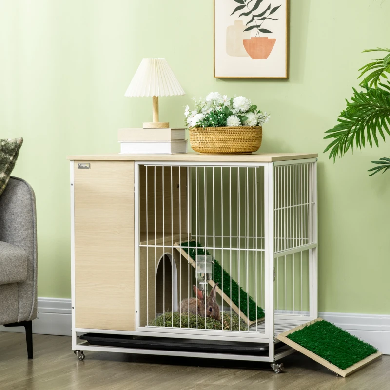 PawHut Cage à lapin clapier sur roulettes toit ouvrant plates-formes avec plateau amovible 78 x 52,5 x 76,5 cm naturel