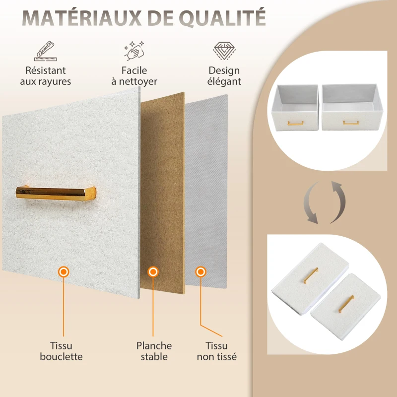 HOMCOM Commode 8 tiroirs en tissu bouclette, meuble de rangement avec 2 prises de courant, structure en acier 110x30x76cm crème