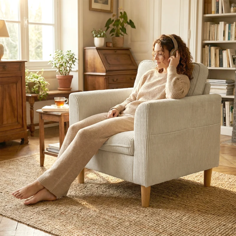 HOMCOM Fauteuil de salon en velours côtelé, canapé 1 place rembourré avec assise large et coussin à ressorts, 83x74x87cm, beige