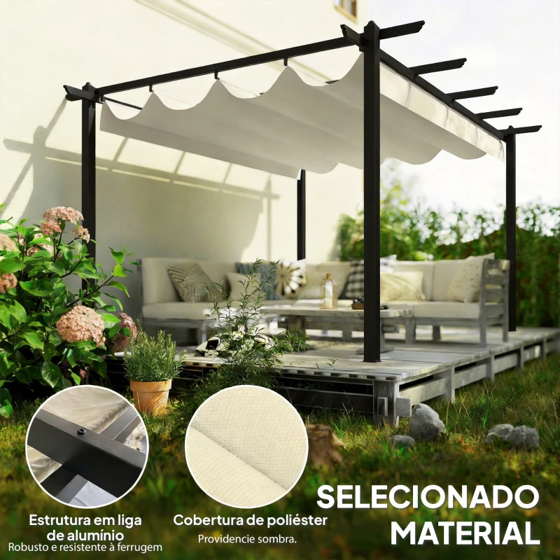 Outsunny Pérgola de Jardim 4x3 m com Telhado Retrátil Estrutura de Alumínio UPF30+ Orifícios de Drenagem Pérgola de Exterior Creme