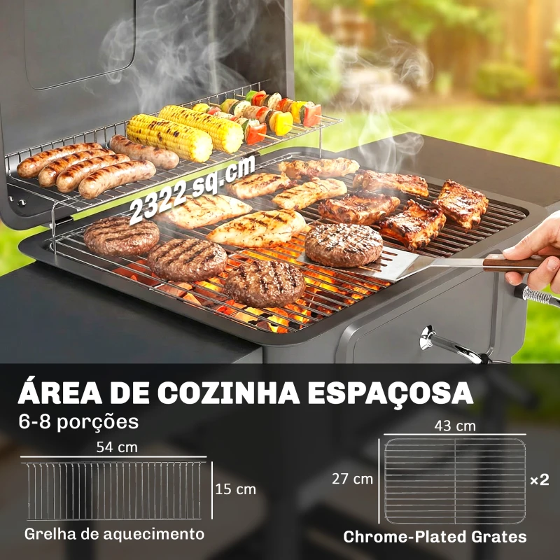 Outsunny Grelhador de Carvão com Bandeja e Ventilação Ajustável Prateleiras Laterais Rodas Termómetro Tampa e Porta