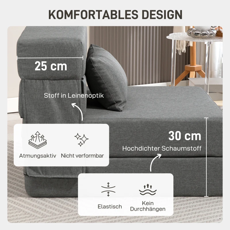 HOMCOM Bodensofa, Polstercouch, in Matratze umwandelbar, Schaumstoff, Kissen, Grau