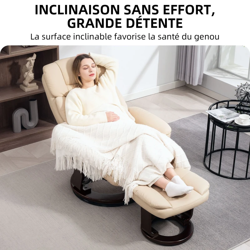 HOMCOM Fauteuil salon avec repose-pieds, chaise pivotante en PU, dossier inclinable, assise rembourrée, 86 x 83 x 107 cm, crème