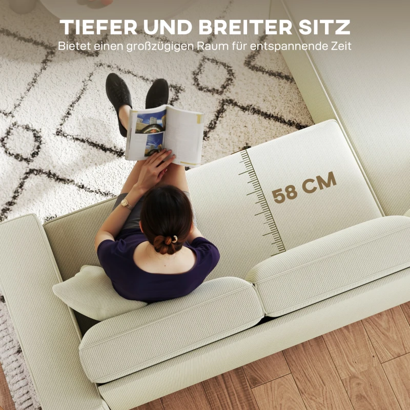 HOMCOM 3-Sitzer-Sofa mit Chaiselongue, Wohnzimmercouch mit Cordbezug, 2 Extra-Kissen, Polstersofa, Cremeweiß(m-6)