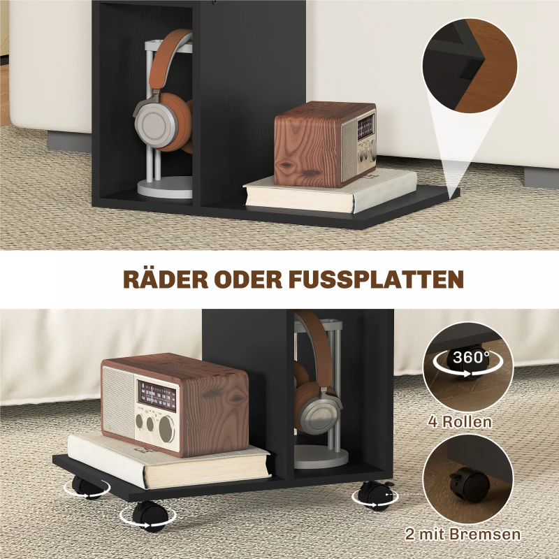 HOMCOM Beistelltisch, C-förmiger Servierwagen, 4 Rollen, 3 Fächer, 40 x 30 x 69 cm, Schwarz