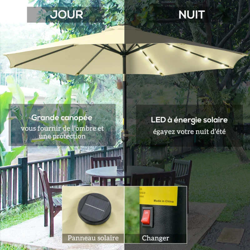 Outsunny Parasol de Jardin Extérieur Rond Ø 265 cm, Lumières LED Solaires, Manivelle Inclinable, Mât en Acier, 8 Baleines, Beige