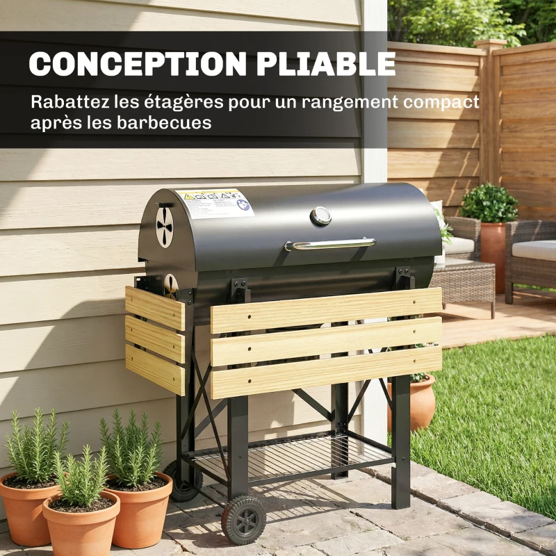 Outsunny Barbecue Charbon de Bois Chariot Grill de Jardin avec Couvercle Fumoir Tablette Pliable en Bois 109 x 71 x 98 cm Noir