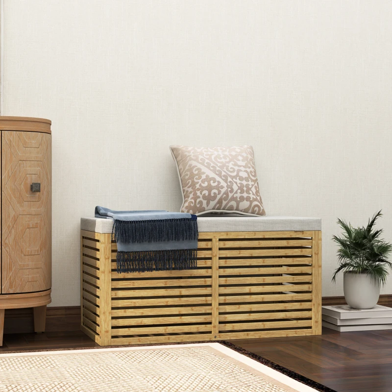 HOMCOM Banc de rangement, coffre de rangement rembourré en tissu aspect lin, couvercle et structure en bambou, gris et naturel