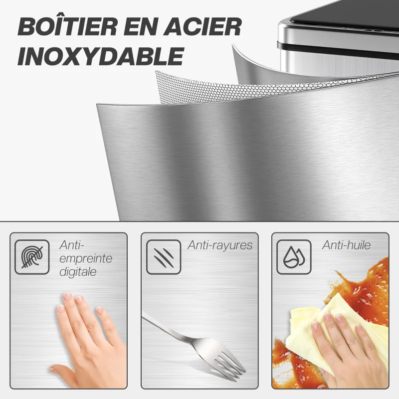 HOMCOM Poubelle à Capteur de 40L, Couvercle à Fermeture en Douceur, Poubelle de Cuisine Automatique Acier Inoxydable, Argenté