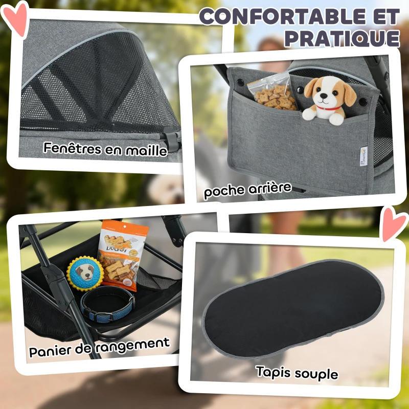 PawHut Poussette pour Chien Pousse-Chien 3 en 1 Détachable Pliable Nacelle Amovible et Sans Fermeture Éclair Suspension Gris