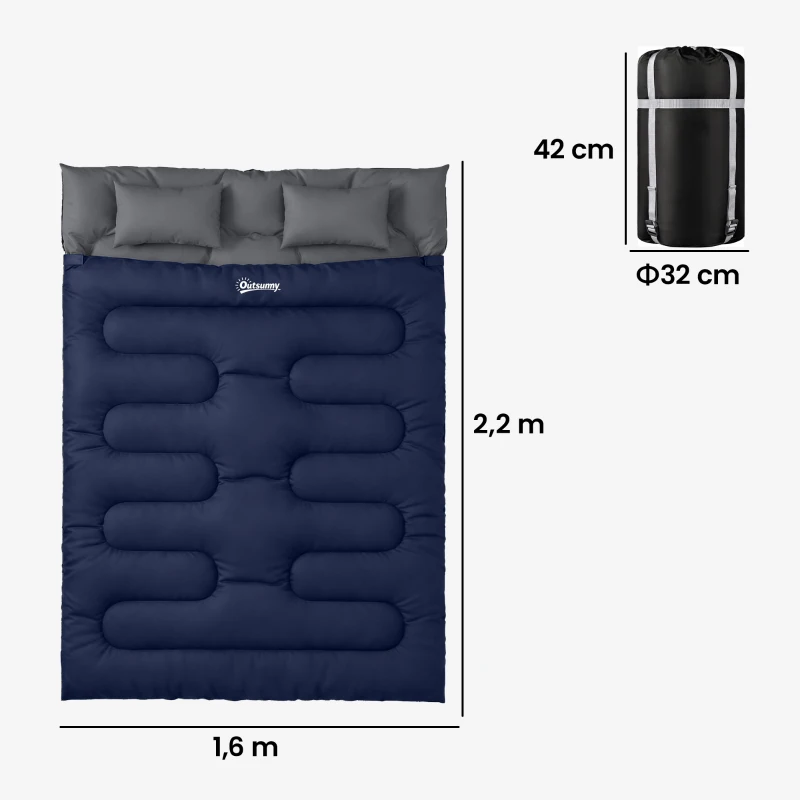 Outsunny Saco de Dormir Doble para Adultos Tamaño Queen para 2 Personas con 2 Almohadas y Bolsa Transporte Azul Oscuro