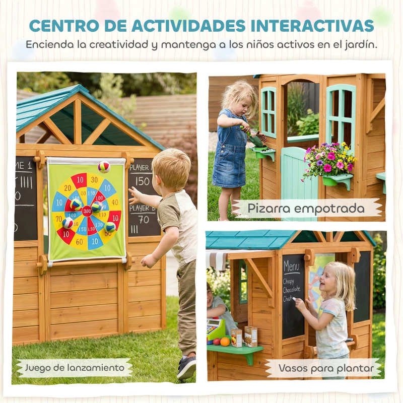 AIYAPLAY Casita Infantil Exterior e Interior de Madera con Barra de Snack Maceteros Pizarra Ventanas Tela para Tiro y 4 Pelotas