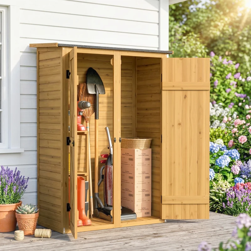 Outsunny Abri de Rangement en Bois, Cabane de Jardin avec 2 Étagères, Marron