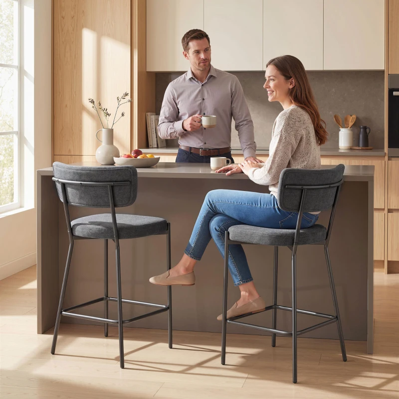 HOMCOM Barhocker im 2er-Set, Polster-Barstühle mit geschwungener Rückenlehne, für Kücheninsel, Frühstücksbereich, Grau