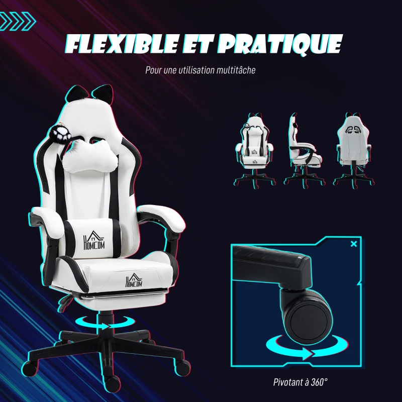 HOMCOM Chaise gaming ergonomique avec Oreilles de Chat, fauteuil gamer avec dossier inclinable, 65 x 62 x 124 cm, blanc