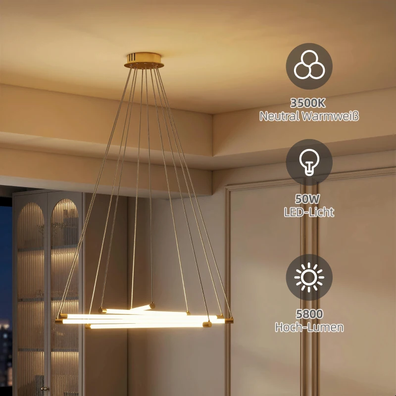 HOMCOM LED-Deckenlampe, 50W, 5 anpassbare Lichtrohre, anpassbar, Deckenleuchte für Wohnzimmer, Esszimmer, Küche, Gold+Weiß