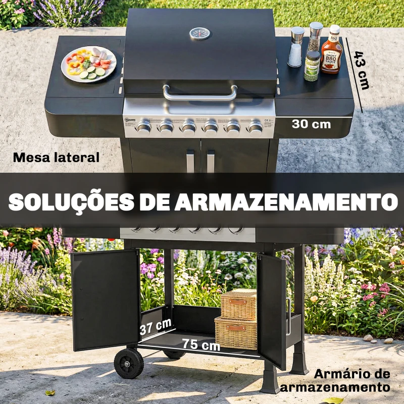 Outsunny Barbecue a Gás Barbeceu com 6 Queimadores 15 kW Termómetro 2 Prateleiras Laterais eArmário 135x51x101 cm Preto
