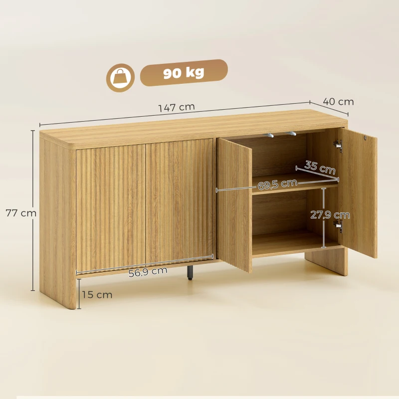 HOMCOM Aparador para salón, mueble de almacenamiento con 4 puertas acanaladas, estante ajustable, apertura a presión, 147x40x77cm, roble