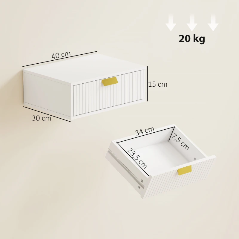 HOMCOM Lot de 2 tables de chevet murales, tables de nuit suspendues avec tiroir ondulé, 40 x 30 x 15 cm, blanc